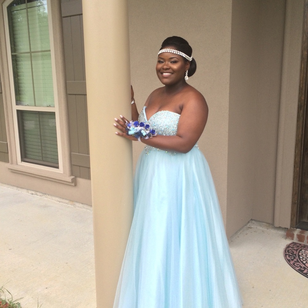 Blue Prom Dress, Ball Gown, Corset Top, Rhinestone Bodice